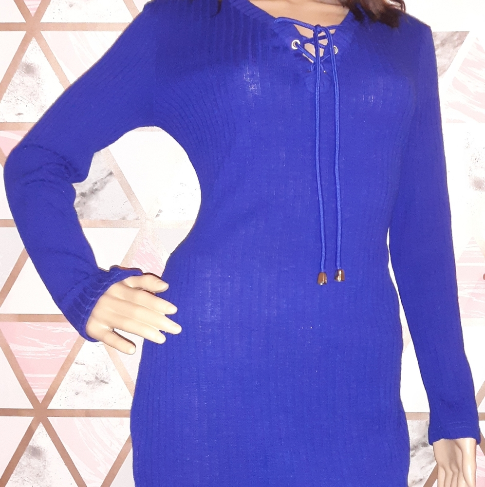 Knit Royal Blue Long Sleeve Sweater Dress